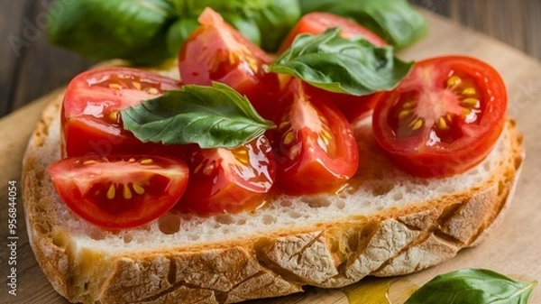Fototapeta A slice of Italian bread with chopped tomatoes and basil leaves