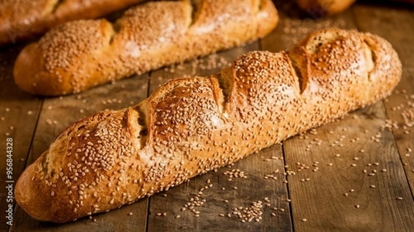 Fototapeta A baguette bread baked on a table with sesame sprinkles