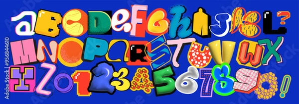 Fototapeta A vibrant and eclectic 3D alphabet featuring a variety of letters and numbers in different styles and shapes. Suitable for fun and creative designs, kids projects, posters and holiday events.