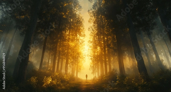 Obraz A mystical forest with tall trees, bathed in golden light filtering through the foggy atmosphere.