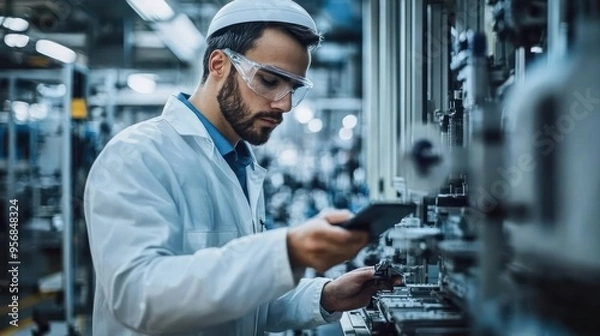 Fototapeta A quality control specialist examines products on an assembly line, emphasizing precision, global standards, and innovation in manufacturing