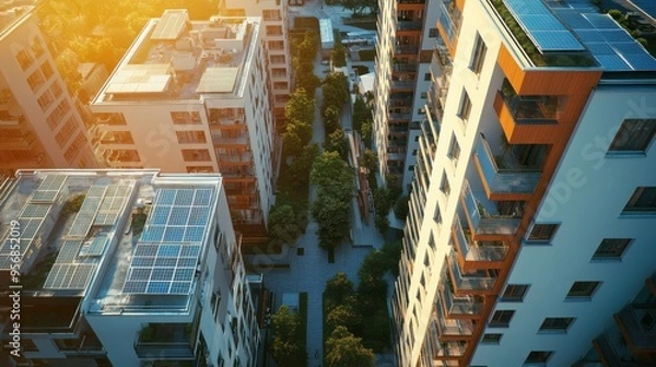 Obraz Aerial view of modern apartment buildings with solar panels, surrounded by greenery and bathed in warm sunset light.