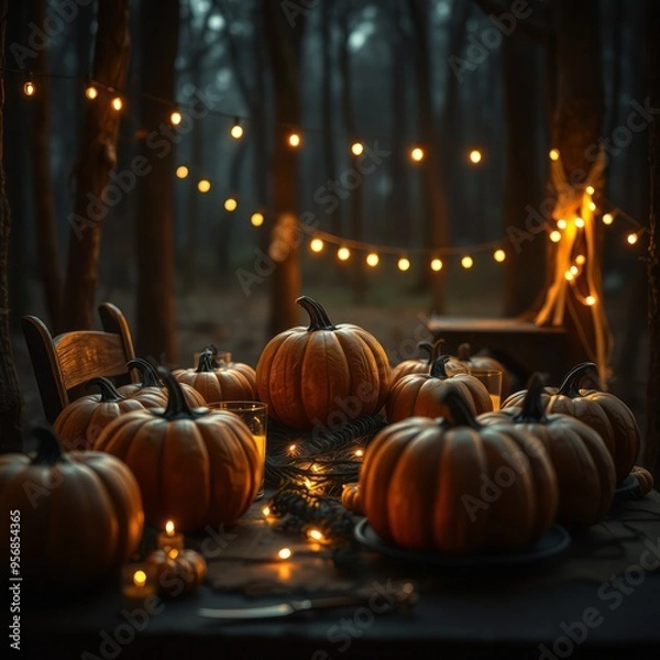 Fototapeta Halloween party - pumpkins and string lights on table in dark forest, backgrounds for halloween, Ultra realistic, Photorealistic 