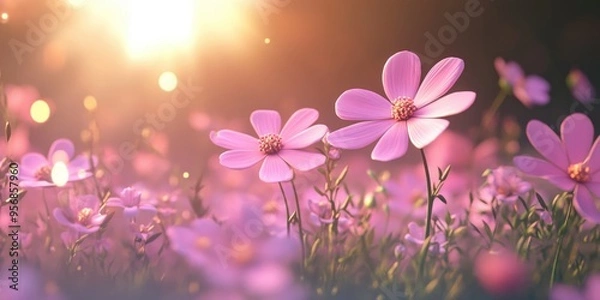 Obraz Cosmos flowers in nature featuring a sweet and blurry light pink and deep pink flower background rendered in 3D cartoon style
