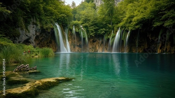 Fototapeta The tranquil waters of the Plitvice Lakes in Croatia, with cascading waterfalls and lush greenery, entirely empty of tourists.