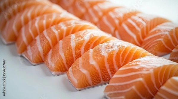 Fototapeta Detailed shot of salmon belly slices with a rich, fatty texture, set against a white background to emphasize the quality and freshness of the cut.