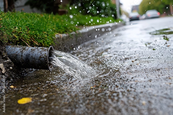 Fototapeta Overflowing Drain Pipe: A torrent of water spills onto the pavement, creating a miniature river in the city.