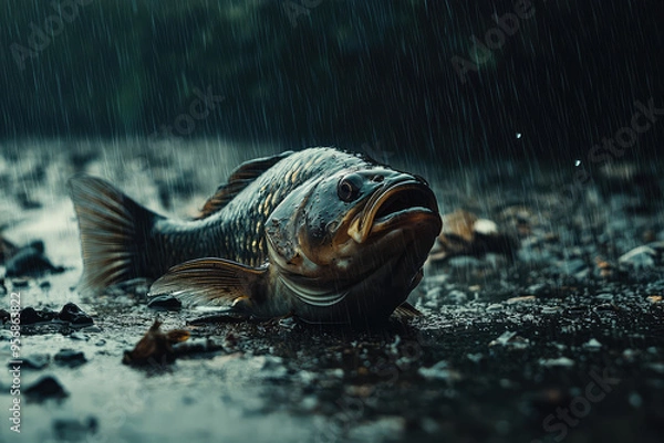 Fototapeta A lone fish, washed ashore by the relentless rain, lies still on the pebbled bank, a stark reminder of nature's power.