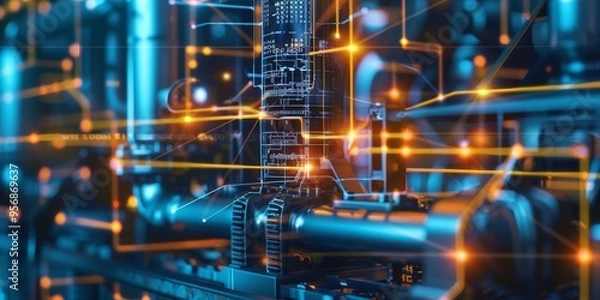 Fototapeta Abstract industrial technology concept with digital interface and network connections