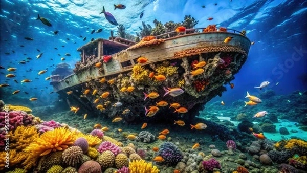 Fototapeta An eerie, sunken ship's rusty hull lies covered in coral and anemones, surrounded by schools of fish, in the crystal-clear waters of a tropical ocean.