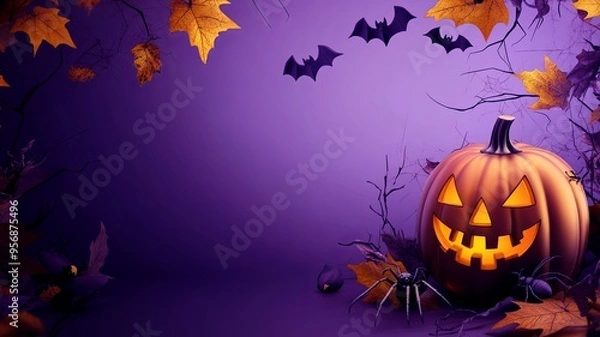 Fototapeta Halloween background with a pumkins, bats, spiders and autumn leaves in a purple colors with copy space