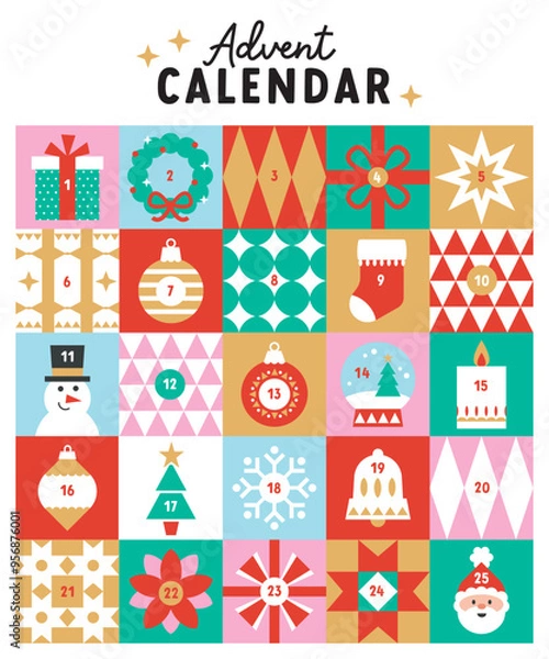 Obraz Christmas advent calendar with days numbers, traditional holiday's symbols, icons and lettering,, geometri
