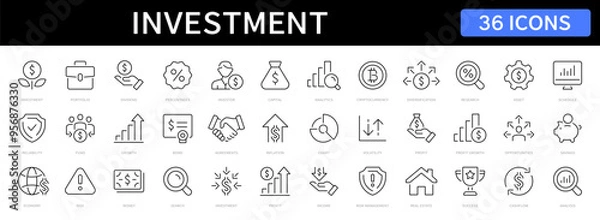 Obraz Investment thin line icons set. Investment, Investor, Asset, Profit, Portfolio, Fund, Dividend editable stroke icon. Vector