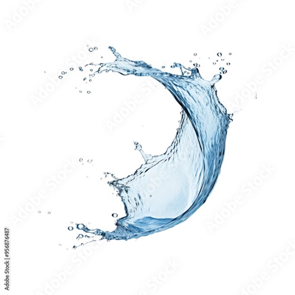 Fototapeta Water splashes with droplets, swirling and flowing on a white background. Suitable for refreshing, clean, or water themed designs with a dynamic touch