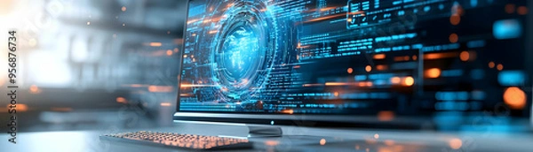 Fototapeta Monitor with holographic workflow management tools and copy space isolated on white balance concept as Camera movement Zoom into the monitor screen focusing on the glowing holographic workflow managem