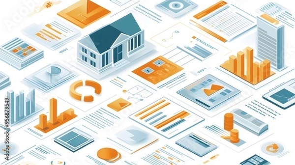 Fototapeta A digital infographic showing steps in a real estate investment plan, featuring property icons, income growth projections, and financial planning tools