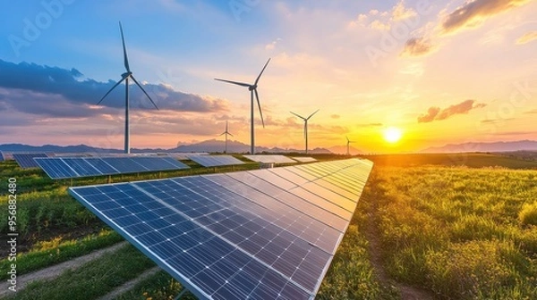 Obraz Breathtaking sunset over renewable energy sources with solar panels and wind turbines in a lush landscape.