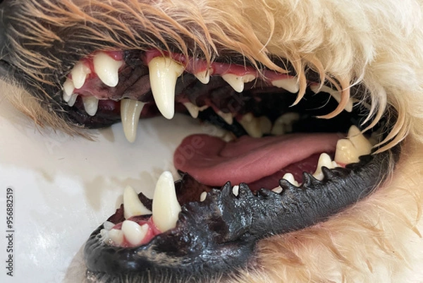 Fototapeta Dogs have problems with Oral cavity, limestone, Gingivitis, Tooth decay. Checking dog teeth, Selective focus. Care of dog teeth close-up. Macro of open dog mouth