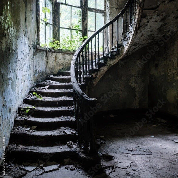Obraz A haunting image of an abandoned, decaying spiral staircase in an old, dilapidated building with natural light pouring through the broken window.
