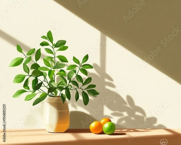 Obraz A serene still life composition featuring a potted green plant and citrus fruits on a sunlit surface with soft shadows.