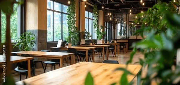 Obraz Modern coworking space with wooden tables, chairs, lush greenery, and large windows providing ample natural light, ideal for productivity.