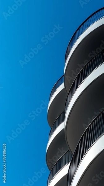 Obraz Modern building with curved balconies against a clear blue sky, showcasing contemporary architecture and design.