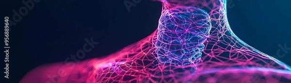 Obraz A thyroid gland under a futuristic medical scanner, with holographic waves showing the healing process, Scifi, Blue and purple tones, 3D illustration