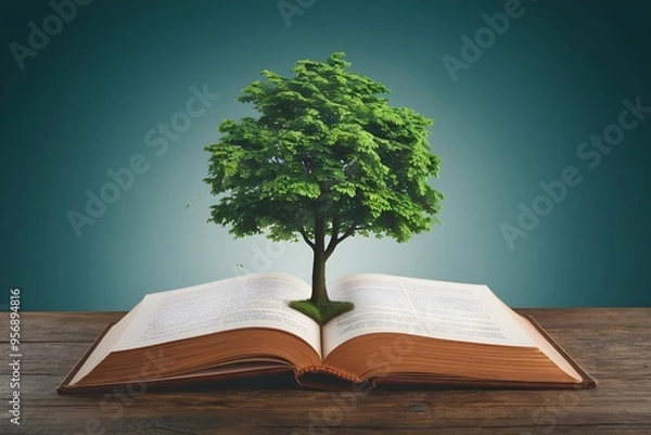 Fototapeta Open book with a tree growing from pages, creating a surreal, mystical scene