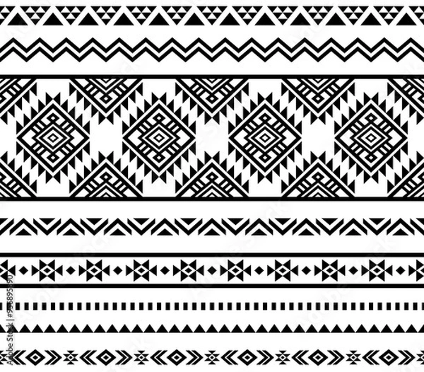 Fototapeta Ancient echoes Aztec geometric seamless patterns southwest Navajo Native American tribal ethnic black and white for textile printing