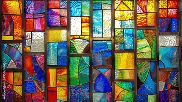 Fototapeta A vibrant and colorful pattern of stained glass windows, each panel a miniature abstract painting, creating a visually engaging mosaic.