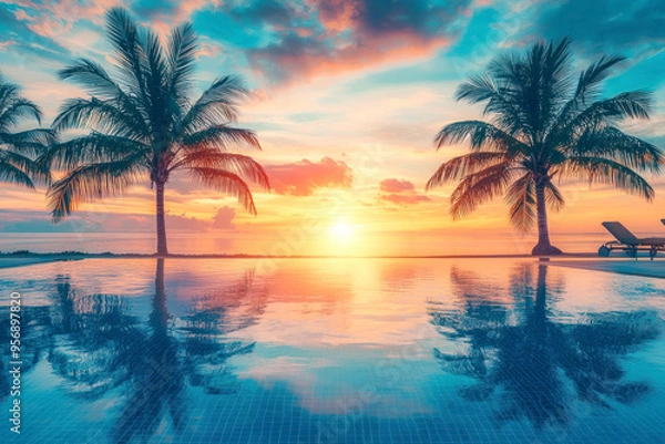 Fototapeta Fantastic poolside, sunset sky, palm trees reflection. Luxury tropical beach landscape.