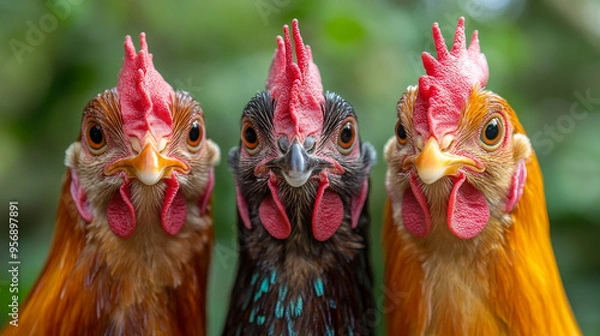 Fototapeta Close-up portrait of three chickens