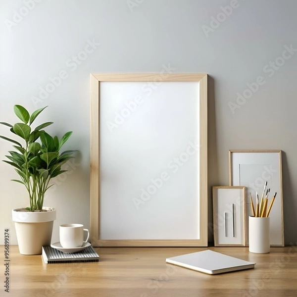 Fototapeta A clean and minimalist desk mockup with a large. blank picture frame. a plant. a coffee cup. a notebook. and pencils in a vase.