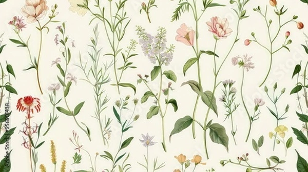Fototapeta A vintage-inspired seamless pattern with botanical illustrations of garden flowers and wild herbs in muted colors, suitable for elegant wallpaper.