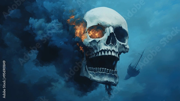 Fototapeta Skeleton crew, sailing through a storm, cursed treasure on deck, Watercolor style 