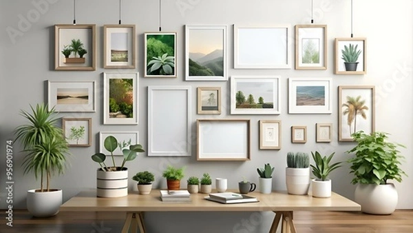 Fototapeta A cozy and inviting home office scene with a mix of framed artwork and potted plants.