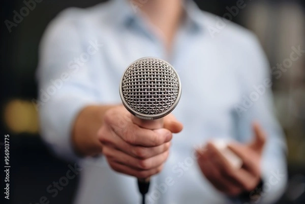 Obraz Person in light blue shirt holds microphone toward viewer, metallic mesh head emphasized