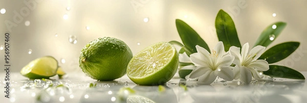 Obraz Fresh limes and lemons on table product scene background, Fruits Citrus and flowers arrangement composition, warm subtle light, water drops lime