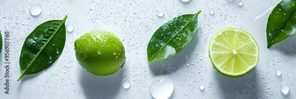 Obraz Fresh limes on white background with water drops and dew