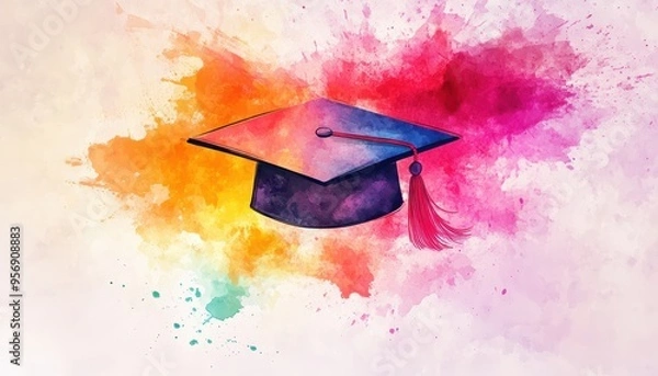 Fototapeta Abstract Watercolor Graduation Cap with Colorful Splatters - Creative Learning Concept