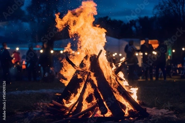 Obraz Vibrant bonfire against dark backdrop, warm glow, silhouettes of people enjoying event