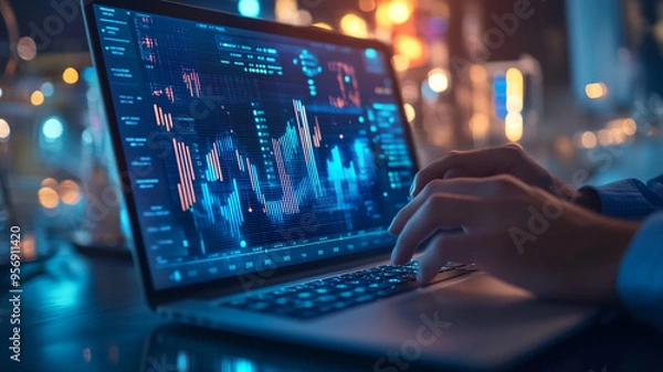 Fototapeta A professional working on data analysis using a laptop in a modern office at night