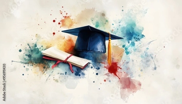 Fototapeta Vibrant Academic Achievement - Abstract Watercolor Composition with Diploma, Cap, and Paint Splatters