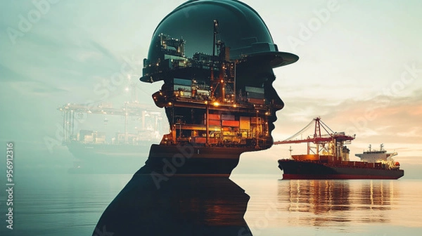 Fototapeta Double exposure Engineer hardhat collaborates with global partners to develop sustainable shipping solutions.