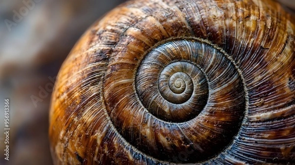 Fototapeta A mesmerizing macro photograph of a snail shell, revealing its spiral pattern and surface texture.