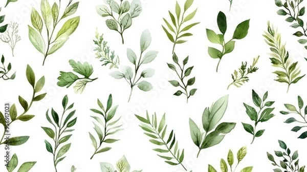 Obraz A collection of various green leaves, showcasing intricate details and natural textures on a white background for a fresh aesthetic.