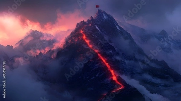 Fototapeta A glowing red path leading to the top of an alpine mountain peak, with a flag fluttering on its highest point