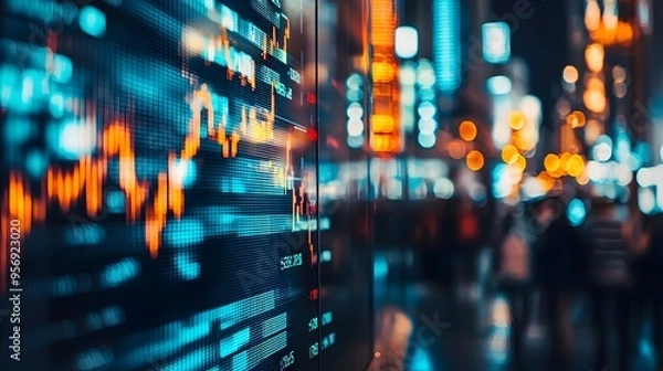 Fototapeta Blurred Financial District with Dynamic Market Data Overlay