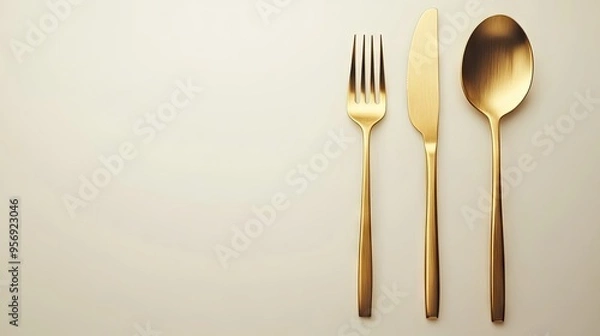 Fototapeta Luxurious gold cutlery set, featuring a spoon and fork, placed on a smooth white background. The premium tableware shines in an elegant composition.