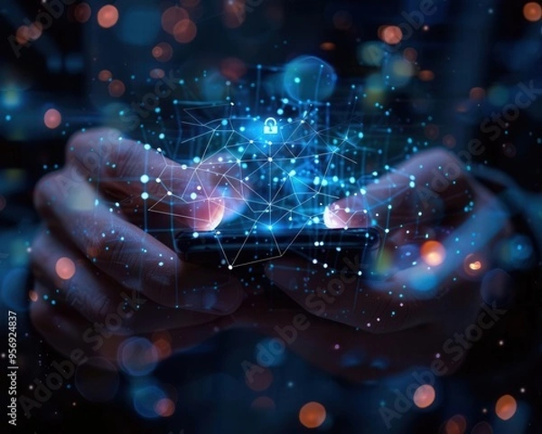 Fototapeta Cybersecurity concept, data protection, businessman with smartphone, lock icon, virtual screen, glowing network, dark digital backdrop